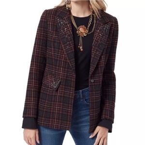 Sam Edelman Rhinestone Embellished Plaid Blazer XS - Black & Orange Tweed Sport